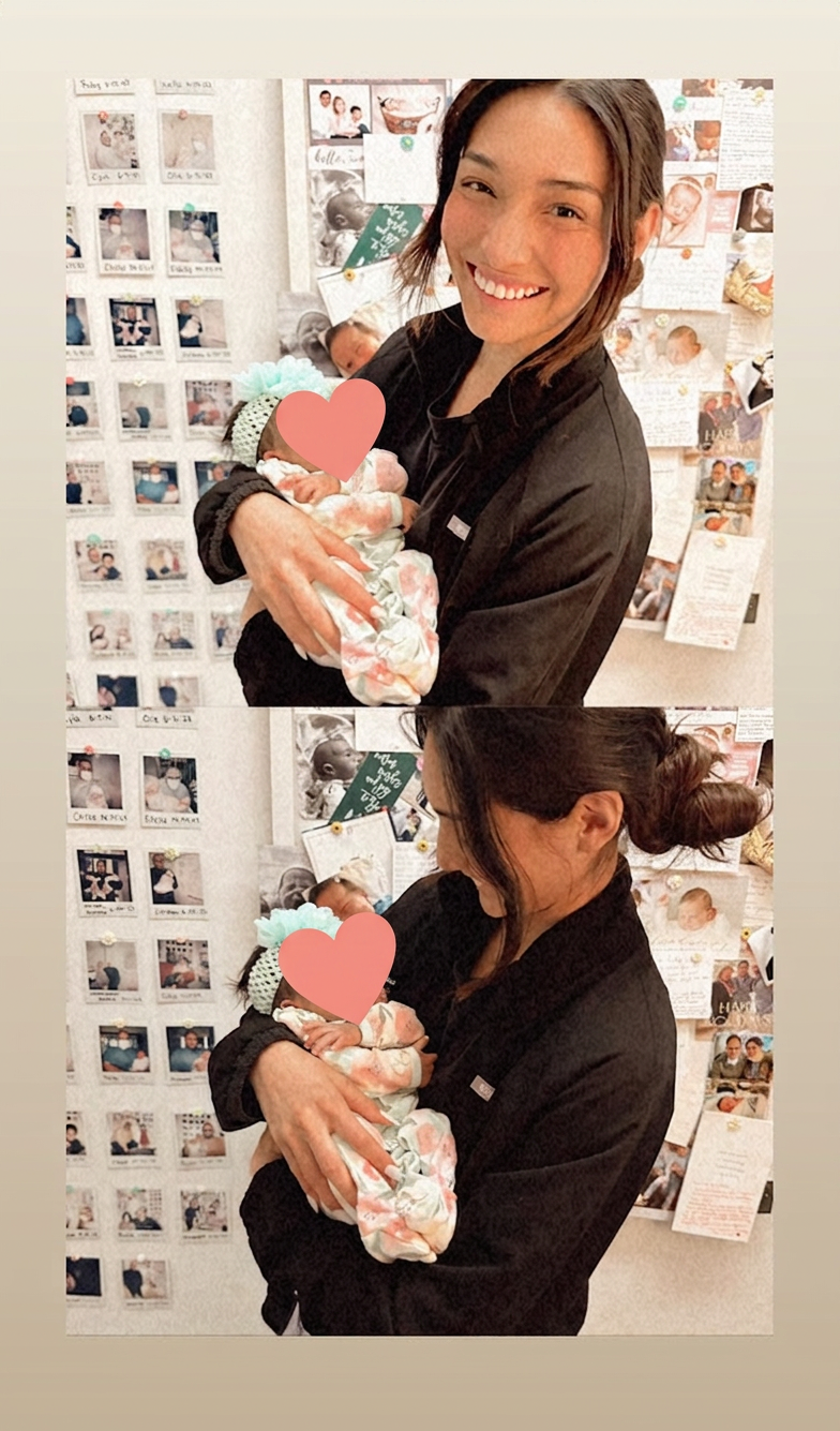 Alysa in scrubs holding a newborn at the maternal-fetal medicine office
