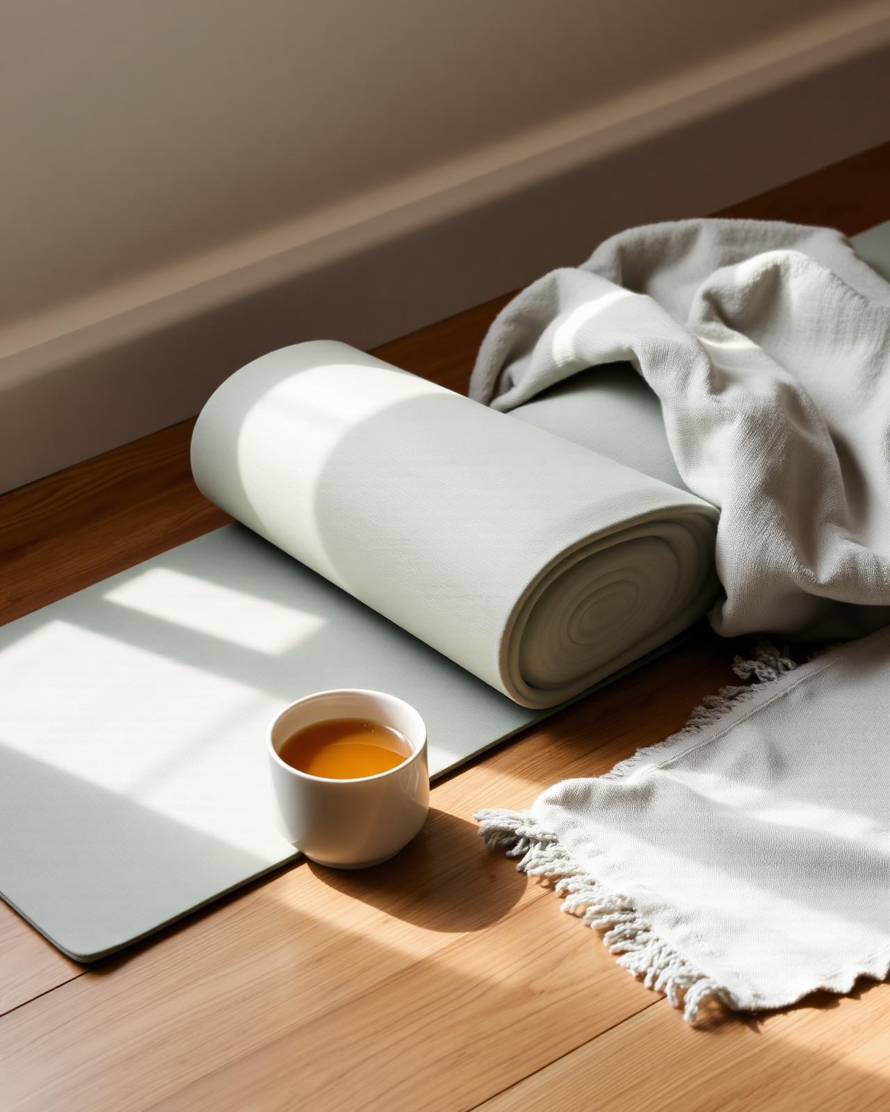 A rolled sage yoga mat with tea on warm oak floor